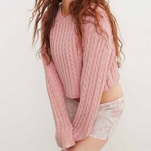 Aerie cable knit cropped pink pullover long sleeve sweater crewneck women sz XXL